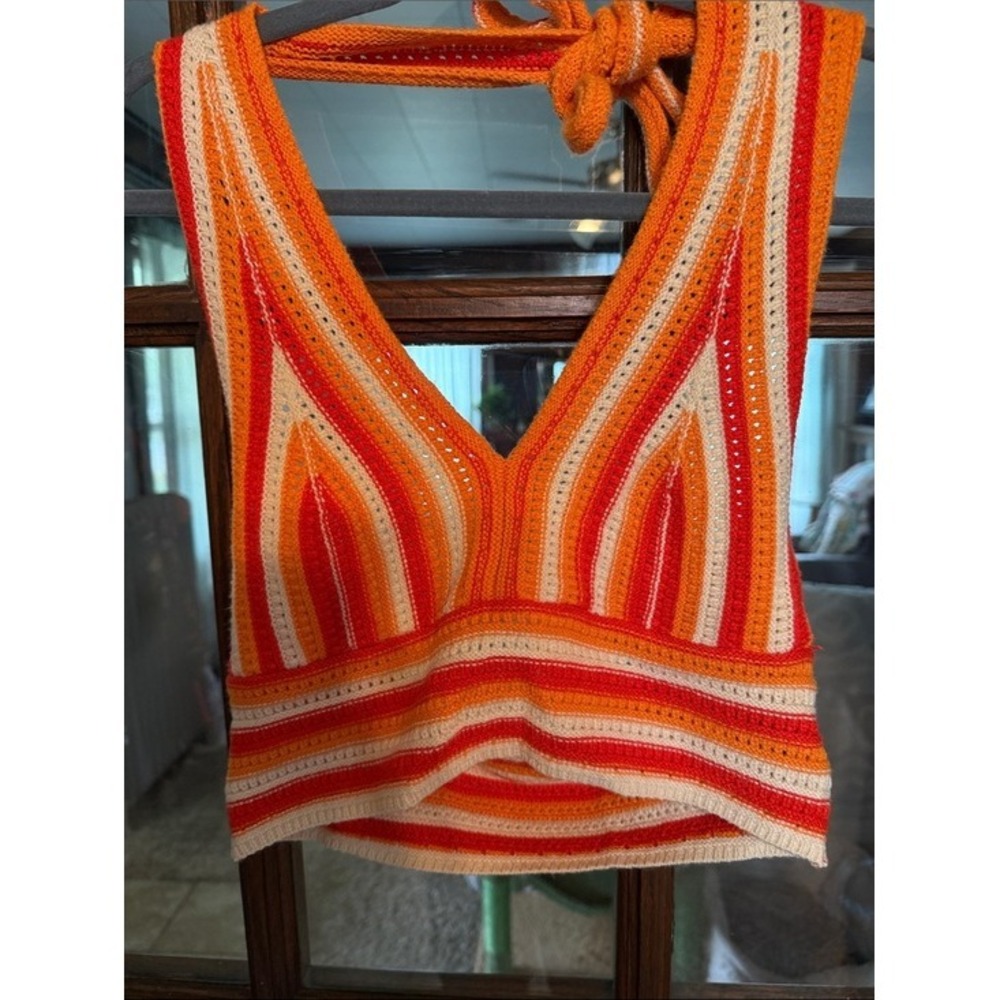 Women Orange Striped Crochet Knit Halter Crop Top Large US 8/10 Boho Retro 70s